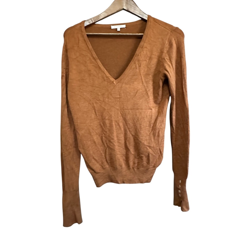 Skies Are Blue Women's Bronze V-Neck Long Sleeve Knit Top with Button Detail